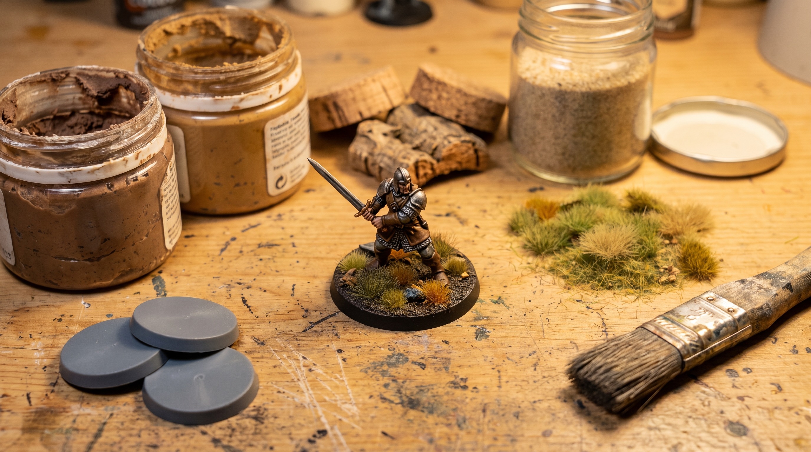 Painted 28mm fantasy warrior miniature on a scenic grass-and-earth base, surrounded by basing materials including texture paste, fine sand, static grass tufts, cork bark, and empty plastic bases on a hobby workbench