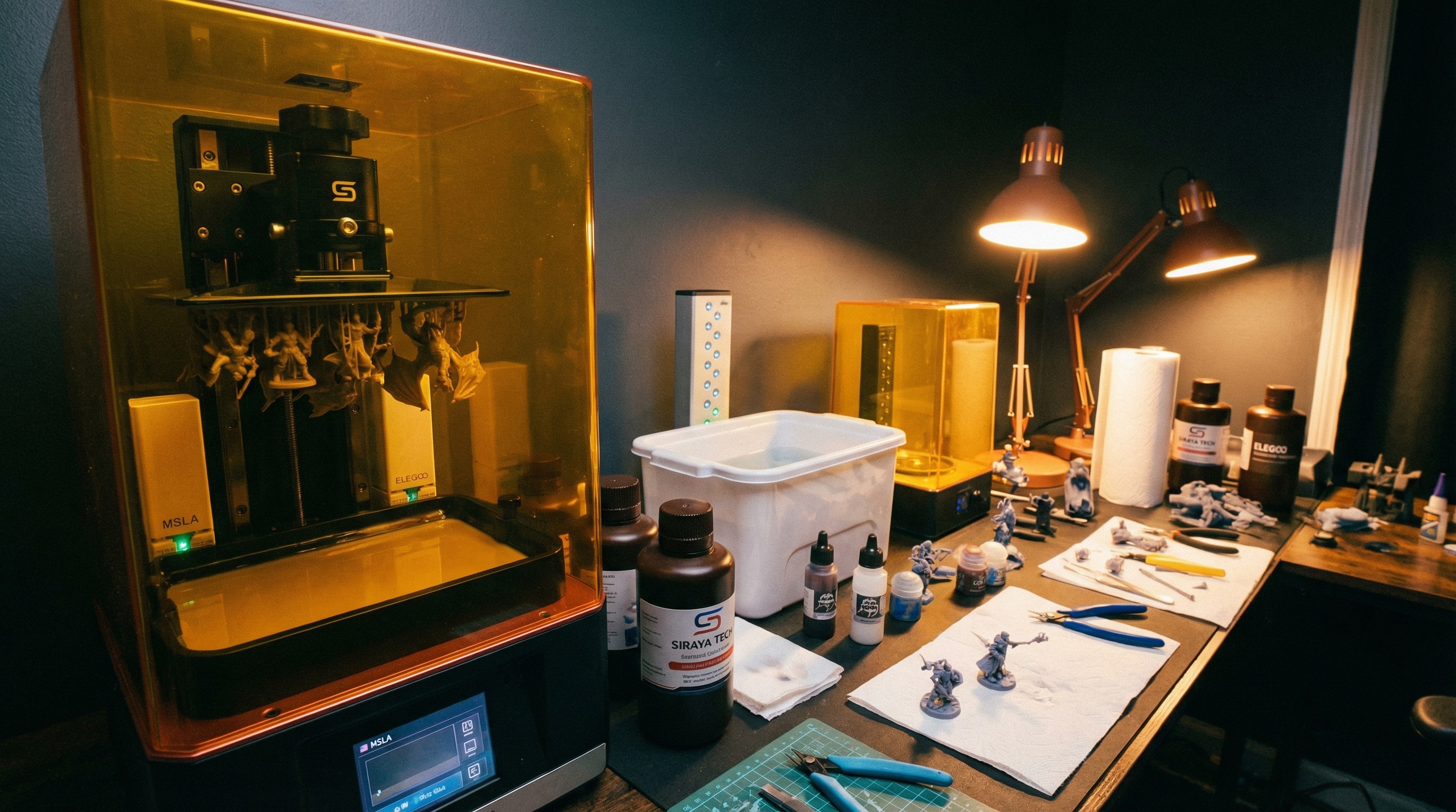 Resin 3D printed miniatures on a workshop bench